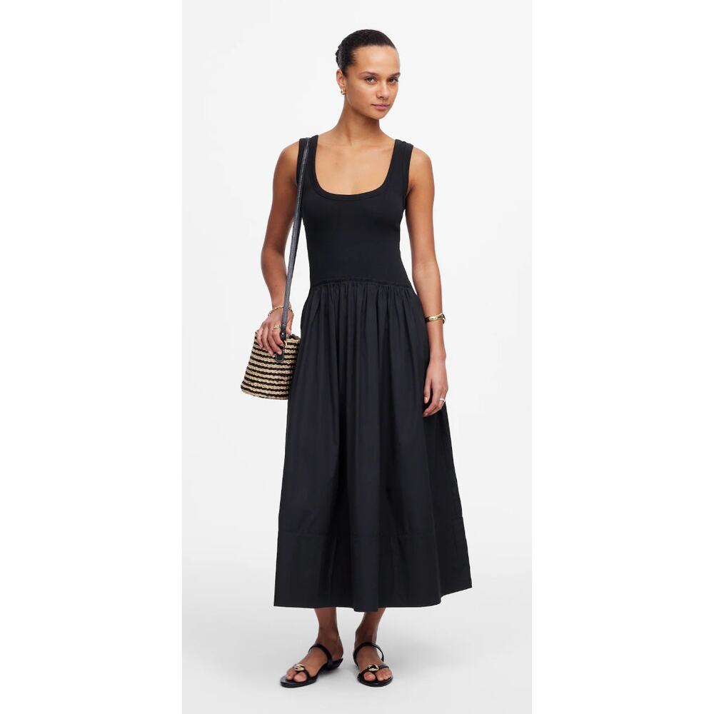 adewell | NWT Mixed Poplin Scoopneck Maxi Dress Black | Sz M